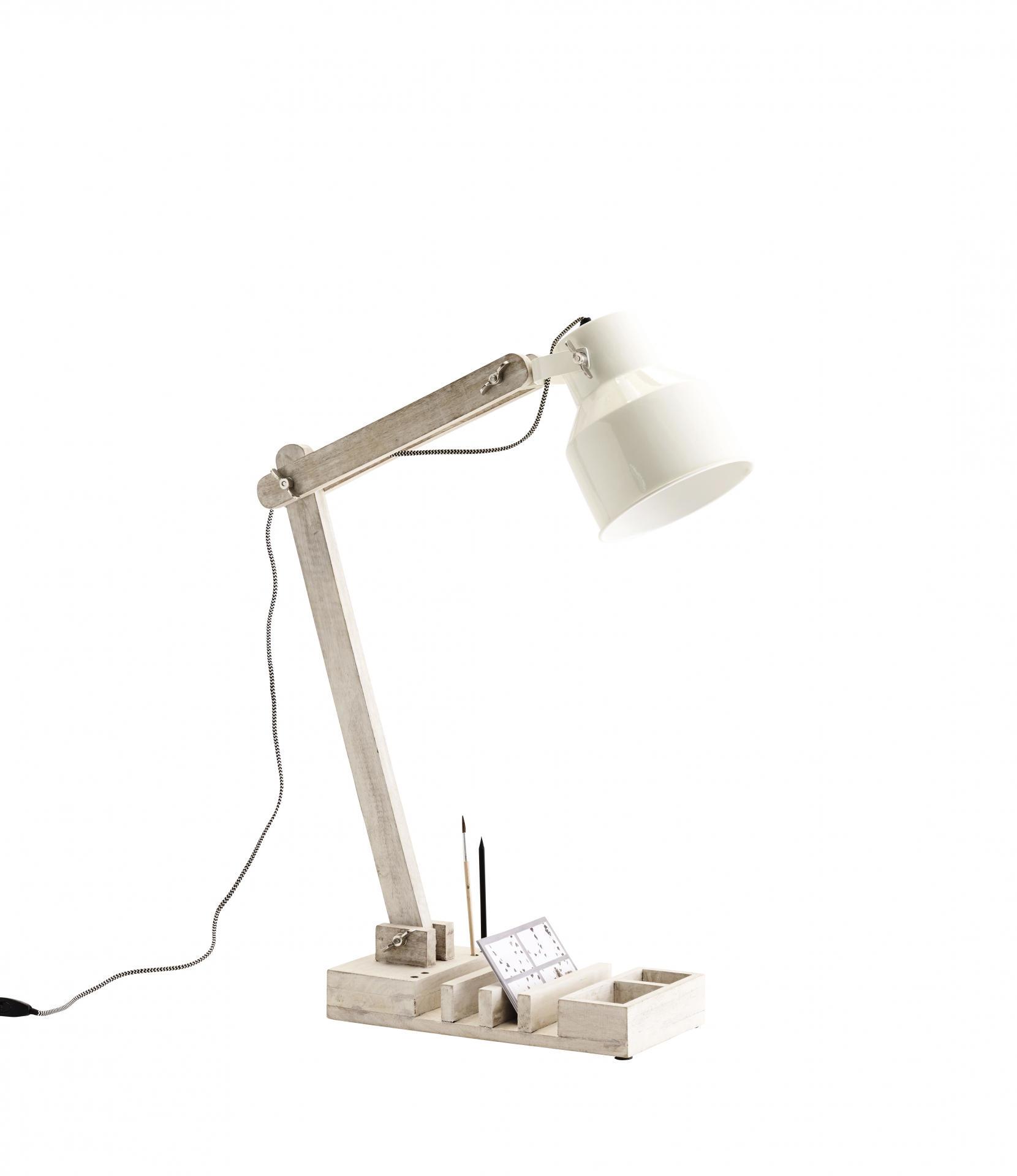 Elegantní minimalistická stolní lampa kombinující bílý kovový cylindr se  stojánkem ve světlém dřevě s organizérem. | Bella Rose