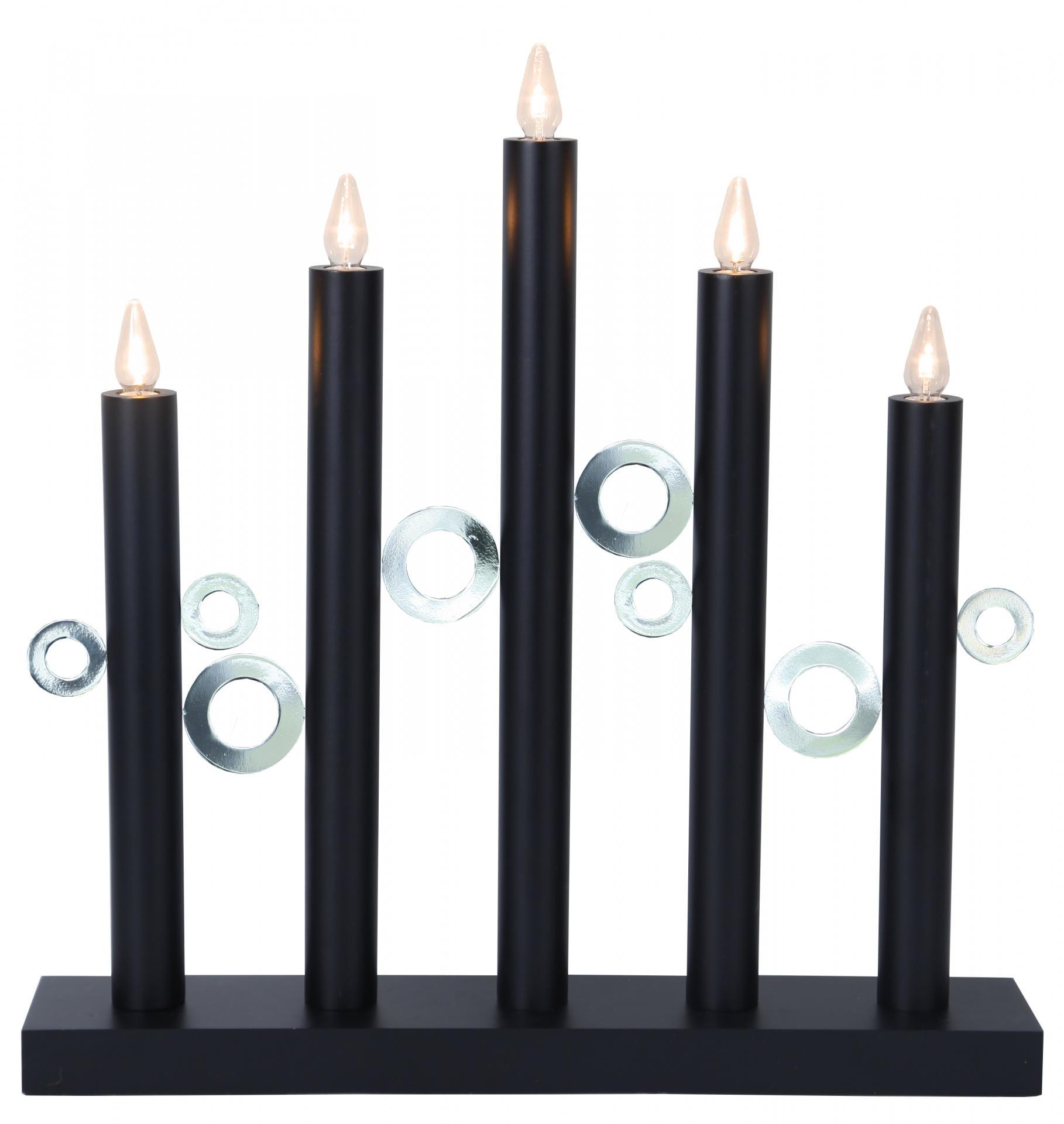 Dřevěný elektrický pětiramenný svícen v černé barvě s kovovými kroužky |  Bella Rose