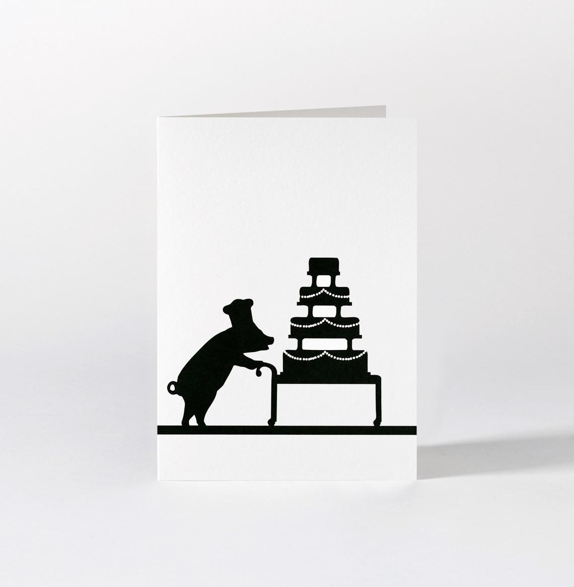 Černobílé přání se siluetou prasátka s dortem | Bella Rose
